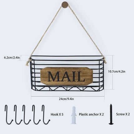 Mail Organizer Wall Mount, Rustic Mail Holder Key Holder for Wall with Hooks, Small Size, Carbonized Black