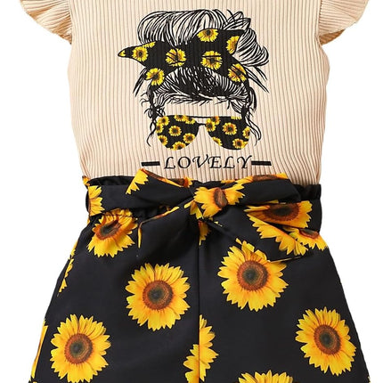 Kid Toddler Girl Clothes Summer Ruffle Sleeve Figure Graphic Shirt + Shorts Summer Outfits Set
