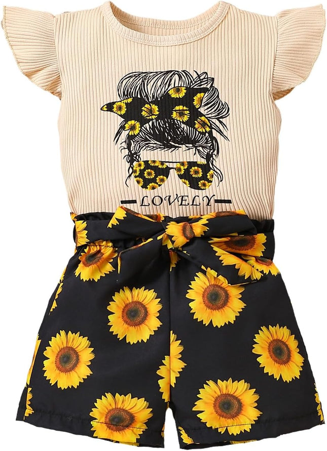 Kid Toddler Girl Clothes Summer Ruffle Sleeve Figure Graphic Shirt + Shorts Summer Outfits Set
