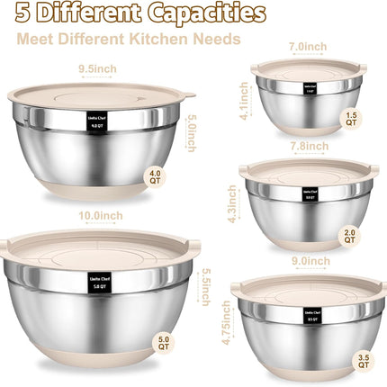 Mixing Bowls with Airtight Lids Set, 8PCS Stainless Steel Nesting Bowls with Grater Attachments, Non-Slip Bottoms, 5, 4, 3.5, 2, 1.5QT for Mixing & Serving