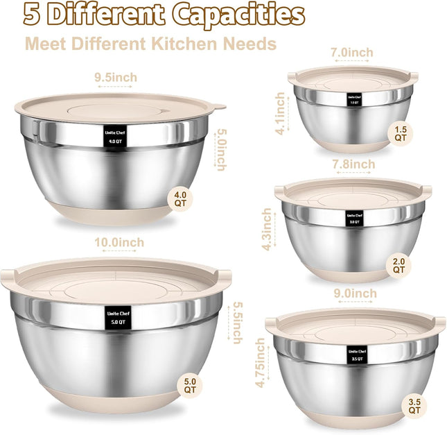 Mixing Bowls with Airtight Lids Set, 8PCS Stainless Steel Nesting Bowls with Grater Attachments, Non-Slip Bottoms, 5, 4, 3.5, 2, 1.5QT for Mixing & Serving