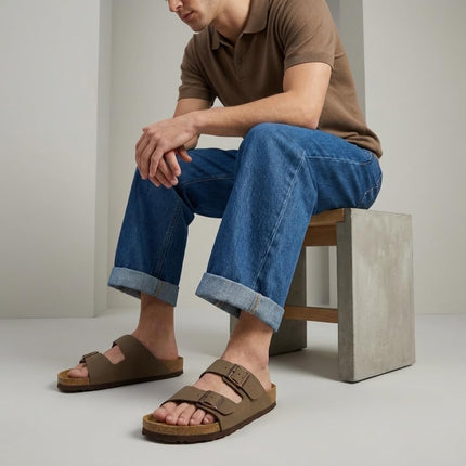Lane Cork Footbed Mens Sandals, Adjustable Buckle Comfort Slides for Men, Genuine Leather Insole Summer Sandals Men Footwear