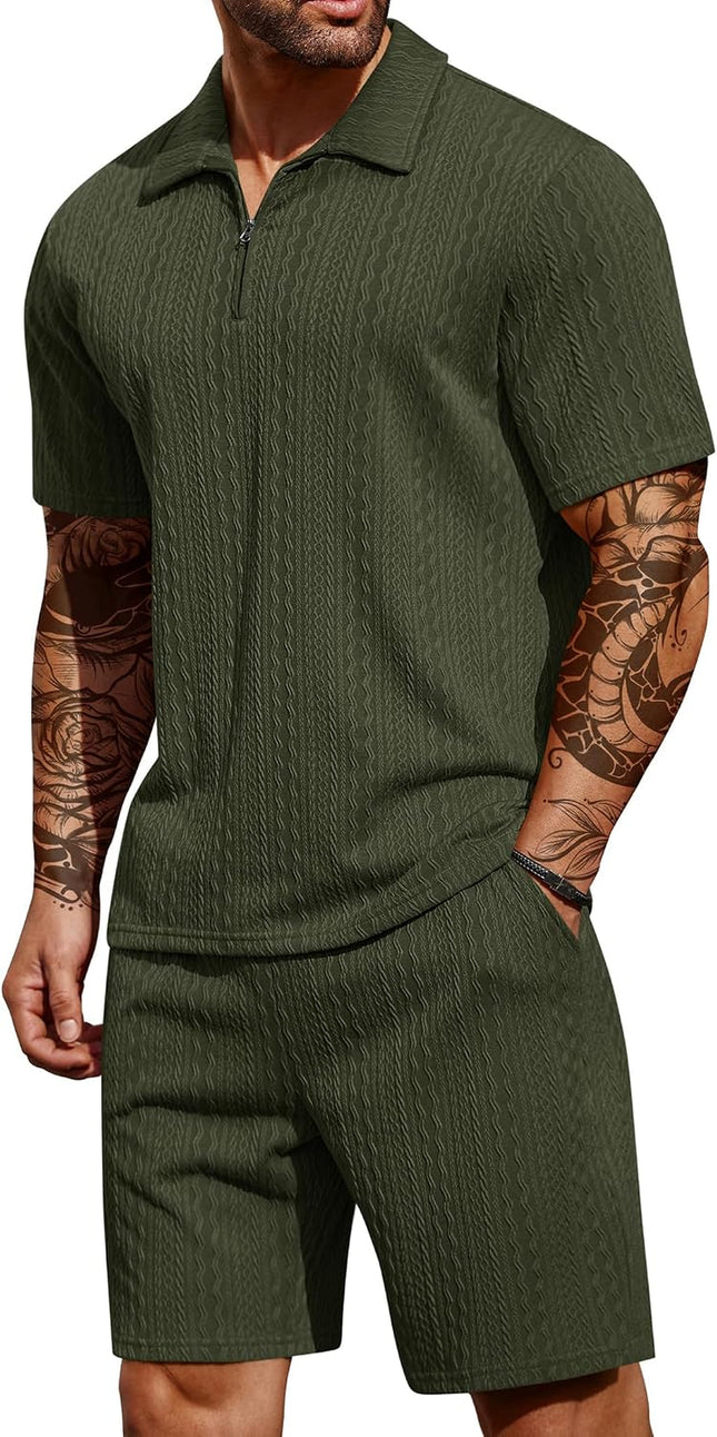 Men'S 2 Pieces Outfits Casual Quarter Zip Polo Shirt and Shorts Set Athletic Jogging Summer Tracksuit