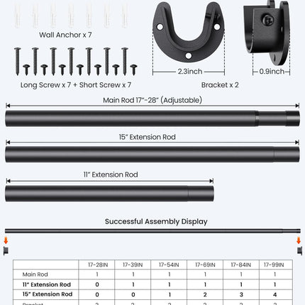 Closet Rods for Hanging Clothes, 17 to 84 Inches Stepless Adjustable Metal Closet Rod, 1.3 Inches Heavy Duty Clothes Hanging Rod for Closet Wardrobes Laundry RV, Black