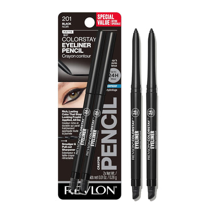 Colorstay Pencil Waterproof Eyeliner, Smudge-Proof, Eye Makeup with Built-In Sharpener, Long-Lasting, Matte Finish, 201 Black, 2 Pack