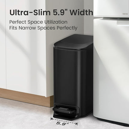 Small Bathroom Trash Can with Lid Soft Close, Step Pedal, 6 Liter / 1.6 Gallon Stainless Steel Garbage Can with Removable Inner Bucket, Anti-Fingerprint Finish (Matt Black)