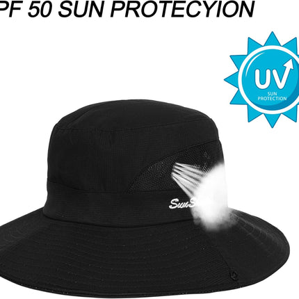 Women's UV-Protection Foldable Wide-Brim Sun Hat with Mesh and Ponytail Hole for Outdoor Activities