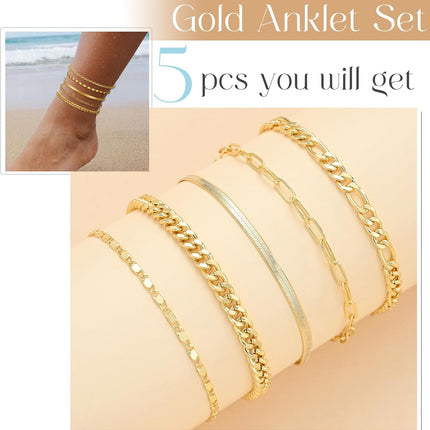 Gold Ankle Bracelets for Women, 14K Gold Plated Waterproof Cuban Link Chain Anklets Set, Layered Anklet Bracelets for Women Beach Gift Adjustable Size 5Pcs