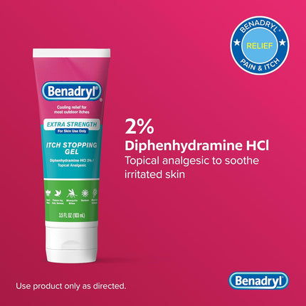 Benadryl Topical Itch Relief Gel, Extra Strength, Contains 2% Diphenhydramine Hcl, Soothing Relief from Scrapes, Insect Bites, Sunburn and More, Great for Outdoors, 3.5 Fl Oz