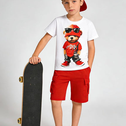 Boys' 2-Piece Summer Outfit Short Sleeve Graphic T-Shirt and Cargo Shorts Set Toddler to Big Kid Size 5-10