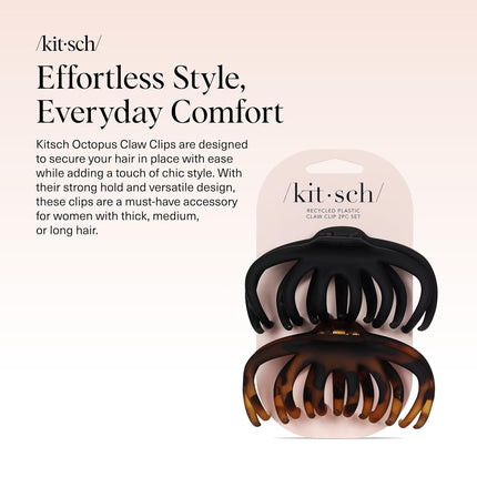 Kitsch Octopus Hair Clips - Large Claw Clips for Thick Hair, | Durable Recycled Plastic | Slip-Free Grip | Ideal Gifts for Women & Teen Girl Gifts Trendy Stuff - Classic Black & Tortoise, 2Pcs