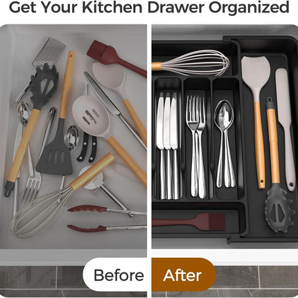 Extra Large Expandable Silverware Organizer, Bpa-Free Food-Safe Cutlery Flatware Organizer, Kitchen Utensil Drawer Organizer, Adjustable Silverware Holder for Spoons Forks Knives, Black