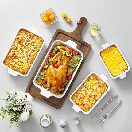 Ceramic Casserole Dish Set of 4 – Rectangular Porcelain Baking Dishes with Handles, Oven-Safe Lasagna Pans for Baking, Roasting & Serving, White