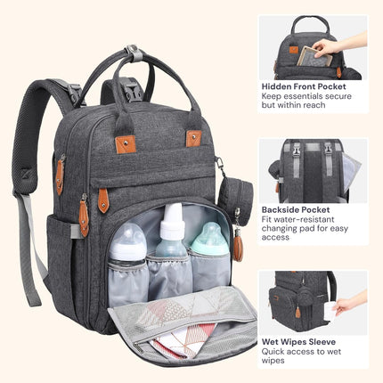 Diaper Bag Backpack - Baby Essentials Travel Tote - Multi Function Water Resistant Diaper Bag, Travel Essentials Baby Bag with Changing Pad, Stroller Straps & Pacifier Case - Dark Gray