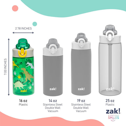 Sage Kids Water Bottle for School, Travel or at Home, 16Oz Durable Plastic Water Bottle with Straw, Handle, and Leak-Proof, Pop-Up Spout Cover (Dino)