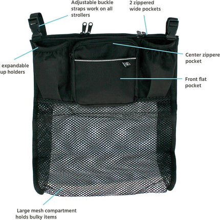 Cups 'N Cargo Universal Stroller Caddy Organizer - Essential Travel Accessories for Baby Stroller, Includes Cup Holders & Mesh Storage Bag, Fits Uppababy, Doona, Nuna, & More - Black
