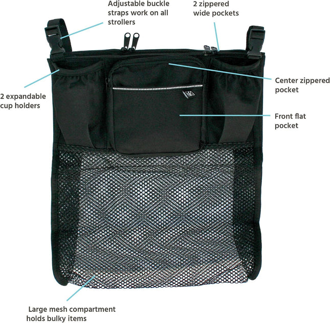 Cups 'N Cargo Universal Stroller Caddy Organizer - Essential Travel Accessories for Baby Stroller, Includes Cup Holders & Mesh Storage Bag, Fits Uppababy, Doona, Nuna, & More - Black