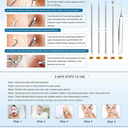 5PCS Blackhead Remover Comedone Extractor, Curved Blackhead Tweezers Kit, Professional Stainless Pimple Acne Blemish Removal Tools Kit for Manual