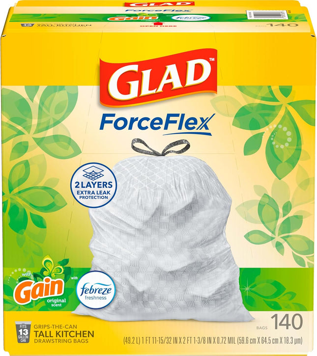 Forceflex Kitchen Trash Bags, Rip and Tear Resistant, Gain Original Scented Tall Garbage Bags, Odor Control, Febreze Freshness, 13 Gallon, 140 Count