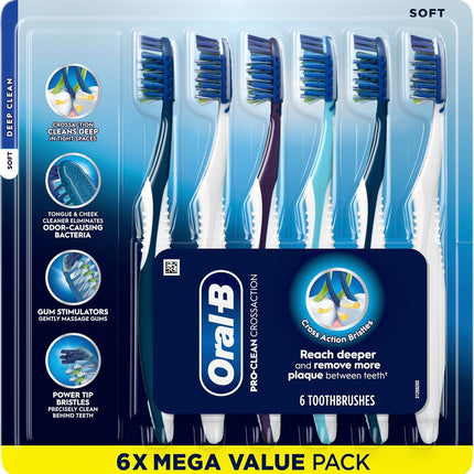 Pro Clean Crossaction Manual Toothbrush, 6- Pack, Medium Soft Bristle Brushes for Adults, Deep Plaque Removal, Daily Gum Health and Fresh Breath, Travel Toiletries