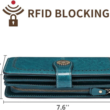 Wallets for Women Leather Credit Card Holder with RFID Blocking Large Capacity Wristlet | with RFID Blocking