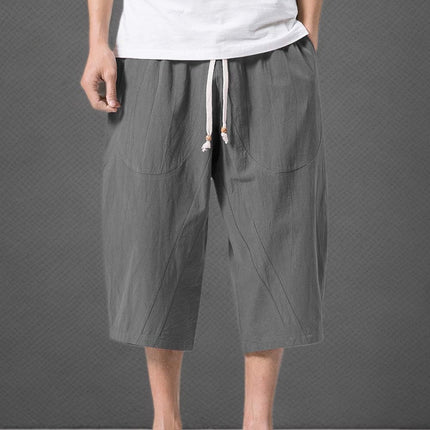 Men'S Linen Cotton Capri Pants Loose Fit Elastic Waist Wide Leg Baggy Harem Pants