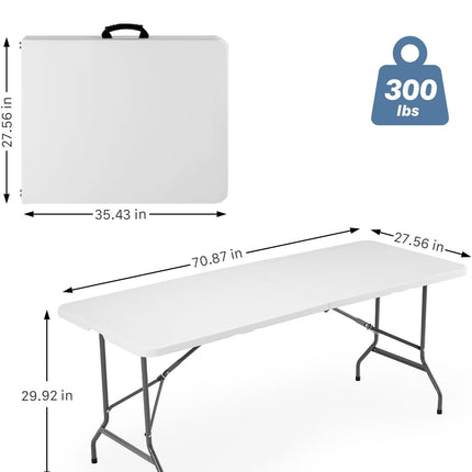 6 FT Folding Picnic Table Easy to Fold and Store, Foldable Table for Camping Picnic Dining Party Kitchen Outdoor Indoor with Carrying Handle
