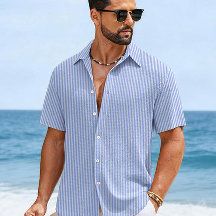 Mens Short Sleeve Casual Shirts Button down Striped Summer Shirts Textured Vacation Beach Shirt