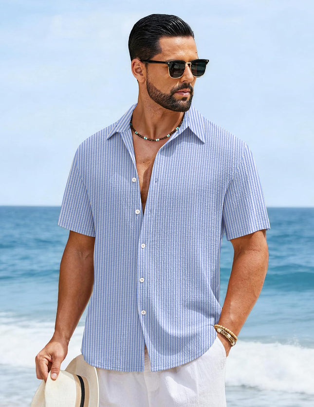 Mens Short Sleeve Casual Shirts Button down Striped Summer Shirts Textured Vacation Beach Shirt