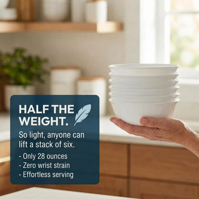 Vitrelle 28-Oz Soup/Cereal Bowls Set of 6 Chip & Crack Resistant Dinnerware Bowls for Soup, Ramen, Cereal and More, Triple Layer Glass, Winter Frost White