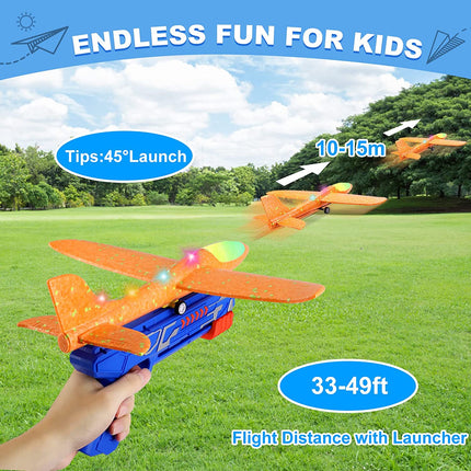 3 Pack Airplane Launcher Toys, 13.2'' LED Foam Glider Plane Toy for Boys, 2 Flight Modes Outdoor Flying Toys Birthday Gifts for Boys Girls 4 5 6 7 8 9 10 11 12 Year Old (Blue&Green&Orange)
