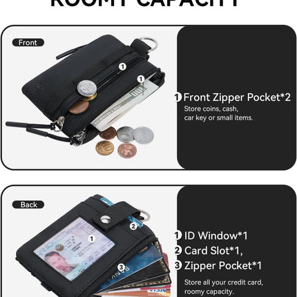 Small Wallet RFID, Minimalist Zip ID Case Wallet with Lanyard Keychain, Water Resistant Card Wallets for Women & Men, Black