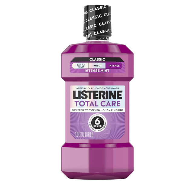 Listerine Total Care Intense Anticavity Fluoride Mouthwash, 6 Benefits in 1 Oral Rinse Helps Kill 99% of Bad Breath Germs, Prevents Cavities, Provides 360 Clean*, Ada-Accepted, Intense Mint, 1 L