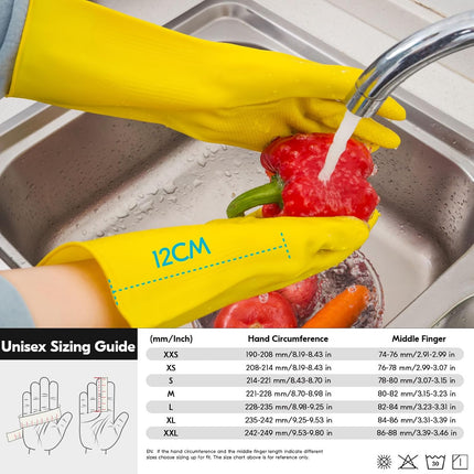 3-Pairs Reusable Household Gloves, Rubber Dishwashing Gloves, Extra Thickness, Long Sleeves, Kitchen Cleaning, Working, Painting, Gardening, Pet Care (Size L, Yellow, HH4601)