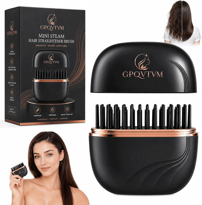 Mini Hair Straightener Brush Cordless Portable Travel Flat Iron Steam Small Heated Styling Comb Rechargeable Wireless Tool for Short & Long Bangs Roots and Edges Compact Blackpurse Size (Black)