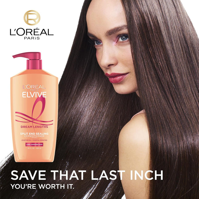 L'Oreal Paris Elvive Dream Lengths Super Detangling Conditioner with Fine Castor Oil and Vitamins B3 and B5 for Long, Damaged Hair, Instantly Detangles to Reduce Breakage with System, 28 Fl Ounce