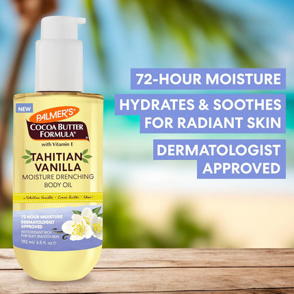 Cocoa Butter Formula Body Oil, Moisture Drenching Tahitian Vanilla, 6.5 Oz, 72Hr Hydration with Shea Butter & Vitamin E for Softer Skin, Protects & Soothes Dryness, Dermatologist Approved