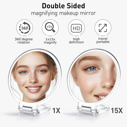 Magnifying Handheld Mirror Double Sided, Magnification Hand Mirrors, Travel Folding Hand Held Mirror, 360°Rotation Pedestal Makeup Vanity Mirror
