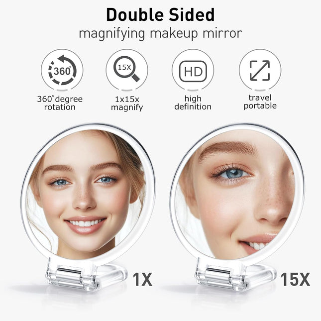 Magnifying Handheld Mirror Double Sided, Magnification Hand Mirrors, Travel Folding Hand Held Mirror, 360°Rotation Pedestal Makeup Vanity Mirror