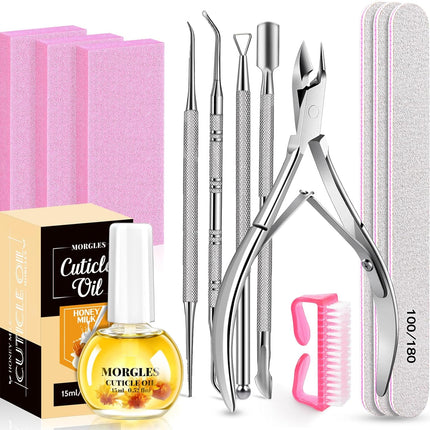 Nail File and Buffer Blocks with Nail Care Kit, 13 Pcs Manicure Kit for Women with Milk and Honey Cuticle Oil and Cuticle Trimmer Set