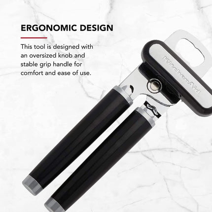 Kitchenaid Classic Multifunction Can Opener and Bottle Opener Easy to Use, Razor Sharp Stainless Steel Cutting Wheel, Soft Ergonomic Handles, Black