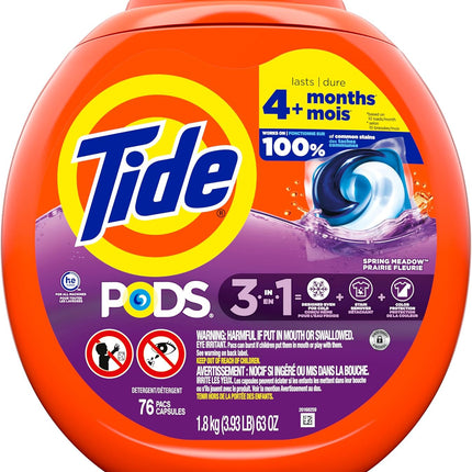 PODS Laundry Detergent Pacs, 3-In-1 Stain Remover, Odor Fighter, Color Protector, 76 Count, HE Compatible, Spring Meadow Scent