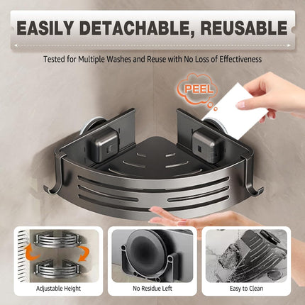Corner Shower Caddy Suction Cups, No-Drilling Corner Shower Shelf | 1. No Drilling, No Wall Damage 2. Aluminum, Rustproof 3.Suitable for Ceramic Tiles and Glass Walls