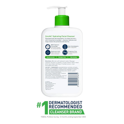 Hydrating Facial Cleanser, Moisturizing Face Wash for Dry Skin, Hyaluronic Acid + Ceramides + Glycerin, Hydrating Cleanser for Normal to Dry Skin, National Eczema Association Certified, 16 Oz