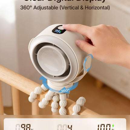 Portable Stroller Fan, Pinch-Proof Baby Fan, 5-Speed Quiet Mini Clip on Fan, USB-C Rechargeable Battery, LED Display for Car Seat, Crib & Travel - Cream