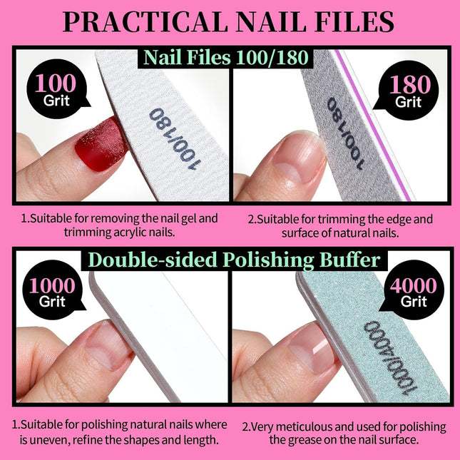 Nail Care Kit, Nail Files 100/180, Nail Buffer Block, Cuticle Nippers, Cuticle Trimmer, Cuticle Pusher, Nail Tools, Nail Kit, Pedicure & Manicure Tools, Nail Prep Kit, Manicure Kit for Women
