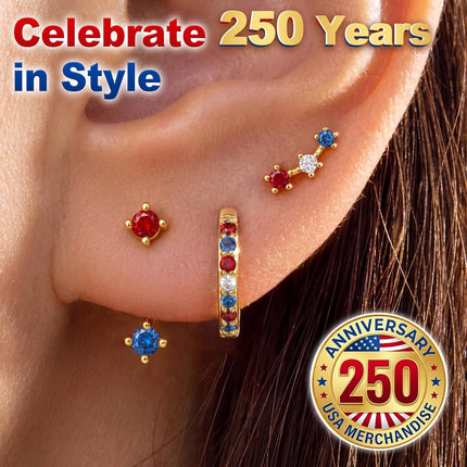 3 Pairs Dainty Small 4Th of July Earrings for Women Trendy, Birthstone Stud Huggie Hoop Jacket Stack for Cartilage Helix, Gold Plated Hypoallergenic Cute Women Fashion Accessories Western Jewelry Gifts