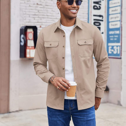 Men'S Long Sleeve Button up Shirt Jacket with Flap Pockets