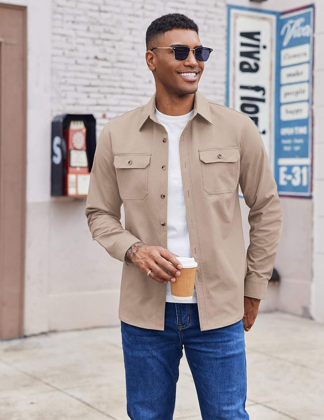 Men'S Long Sleeve Button up Shirt Jacket with Flap Pockets
