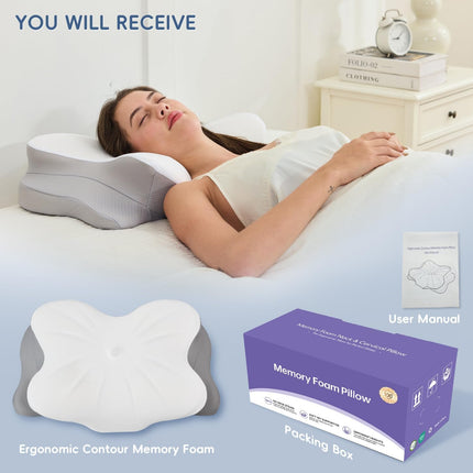 Cervical Neck Pillow, Ergonomic Memory Foam Pillow for Neck Pain Relief with Dual-Height Design, Breathable Cover, Neck Support for Side Back & Stomach Sleepers, Odorless White 1 Pcs